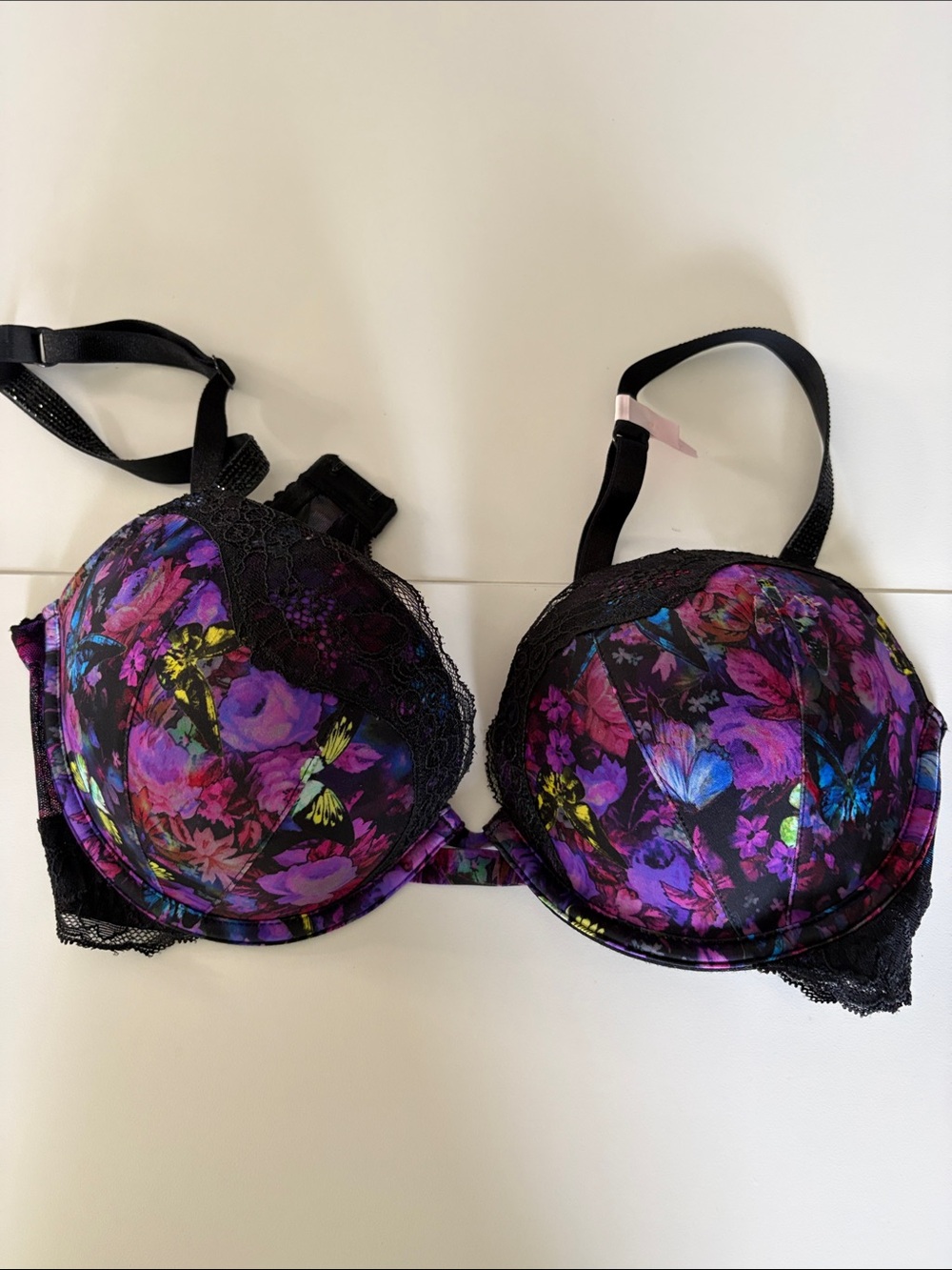 Victoria's Secret Black Floral Lace Push-Up Bra in Purple Multi